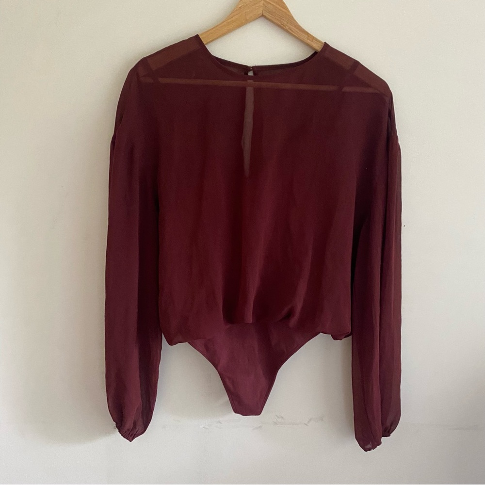 Wilfred Sheer Long Sleeve Bodysuit in Deep Maroon - Picture 2 of 8